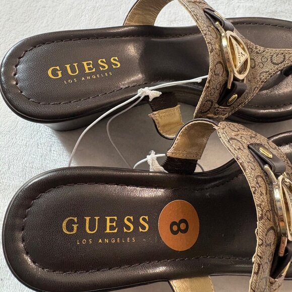 Guess Womens Monogrammed Brown Sandals With Gold Logo & Open-Toe Design Size 8 - Picture 9 of 13